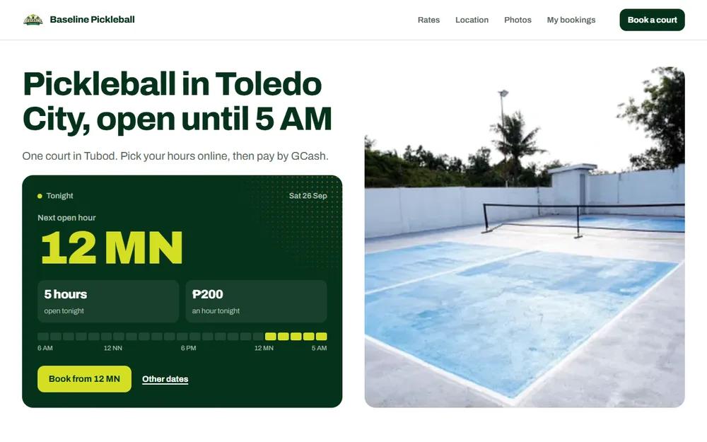 The Baseline Pickleball homepage, with tonight's next open hour and a photo of the court.