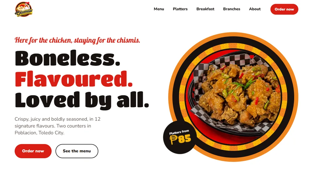 The Chixmusa homepage, with a basket of boneless chicken and an Order now button.