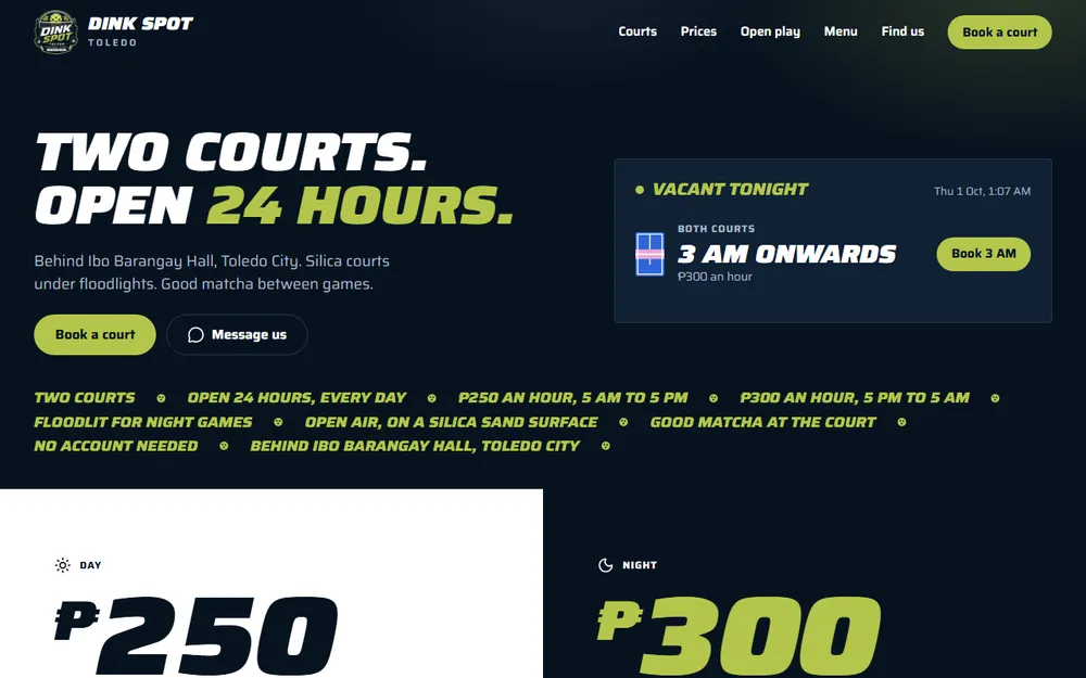 The Dink Spot Toledo homepage, with a Book a court button and a card showing when both courts are next vacant.