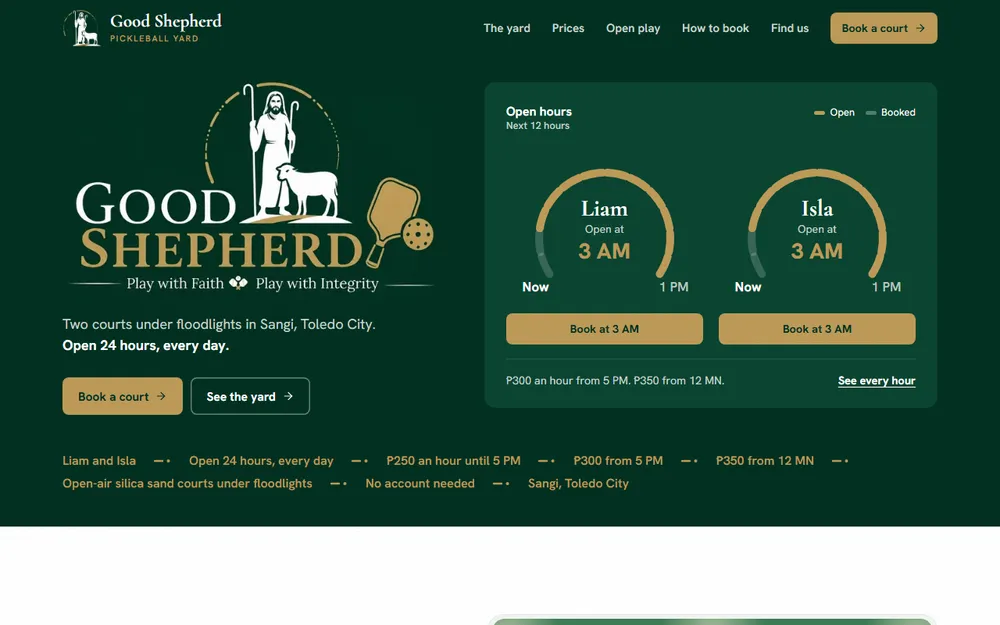 The Good Shepherd Pickleball Yard homepage, with its shepherd and lamb logo, a Book a court button and a gold arc of open hours for each court.
