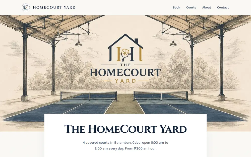 The HomeCourt Yard website with its covered courts hero.