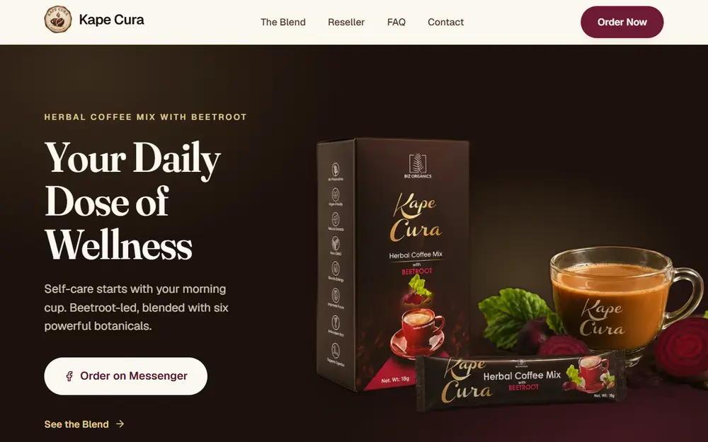 The Kape Cura website with its product hero and order button.