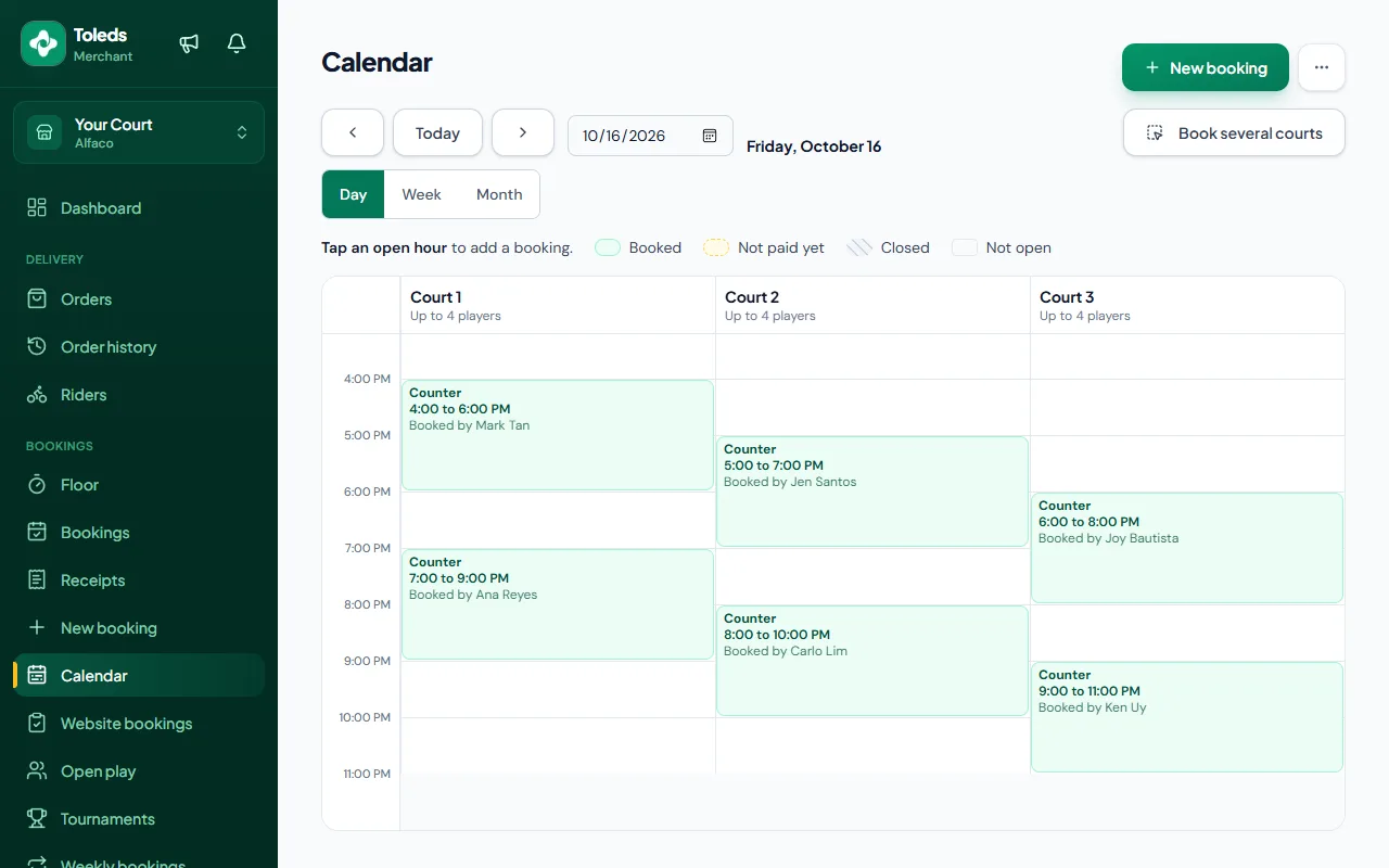 The bookings calendar in the Toleds merchant dashboard, every court on one day