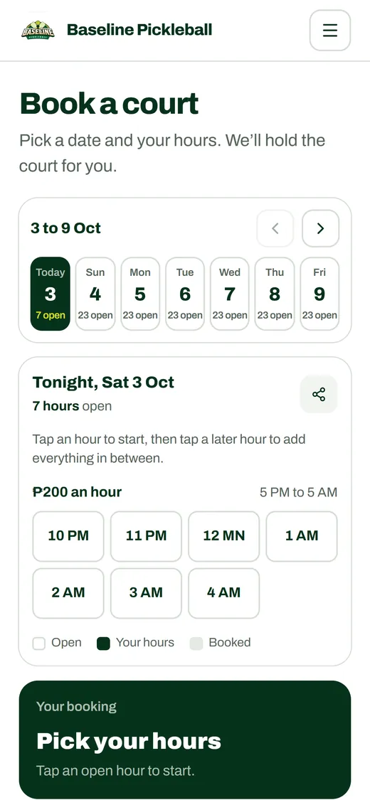 The Baseline Pickleball booking page on a phone