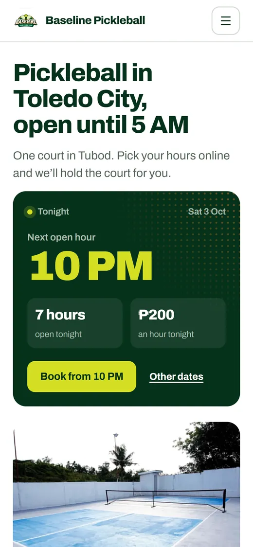 Baseline Pickleball home page on a phone