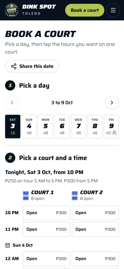 Dink Spot Toledo booking page on a phone