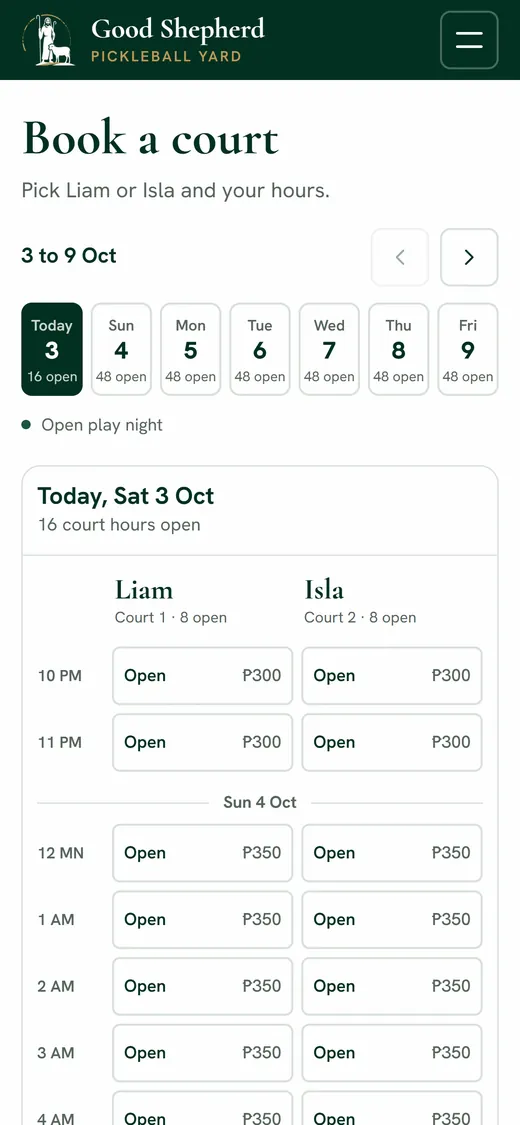 Good Shepherd Pickleball Yard booking page on a phone