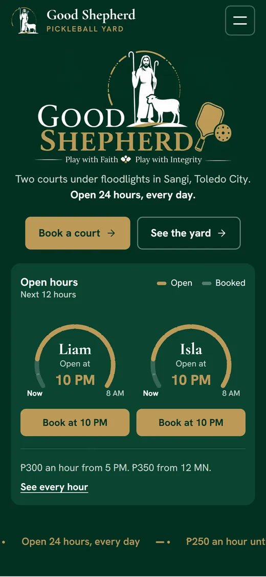 Good Shepherd Pickleball Yard home page on a phone