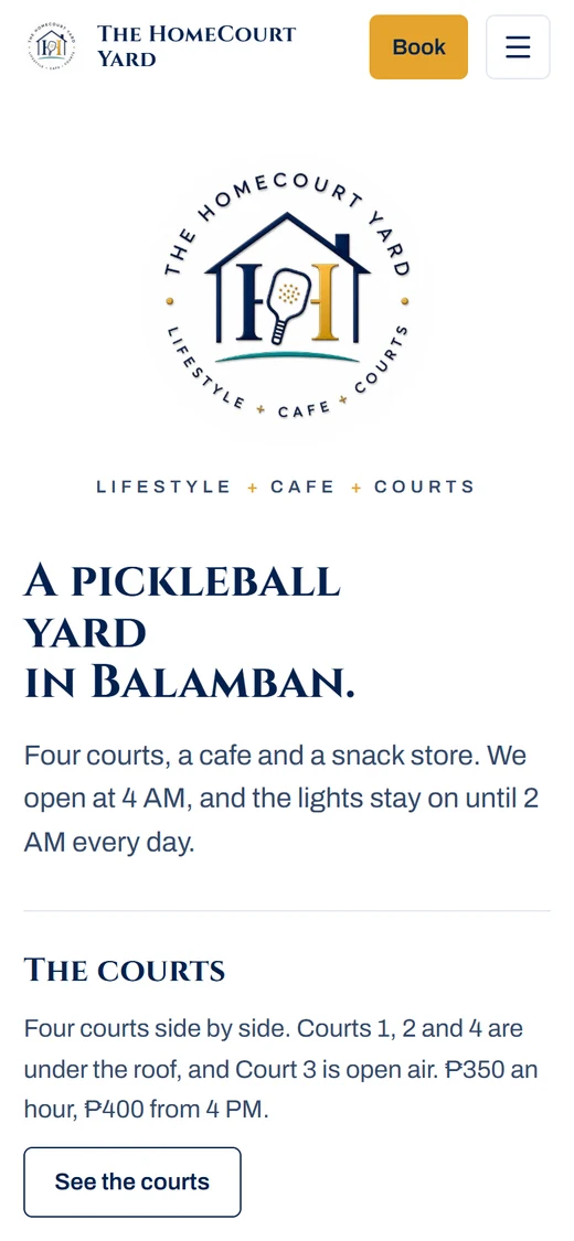 The HomeCourt Yard about page on a phone