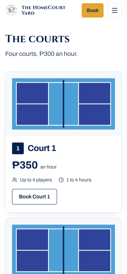 The HomeCourt Yard courts page on a phone