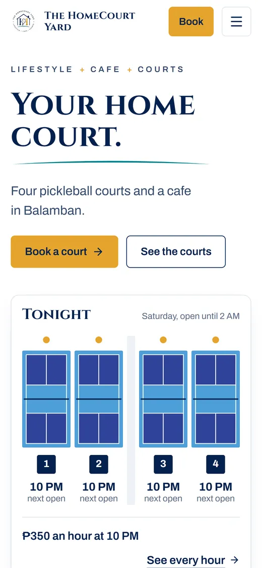 The HomeCourt Yard home page on a phone